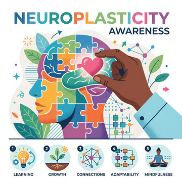 Neuroplasticity awareness infographic with puzzle brain illustration.