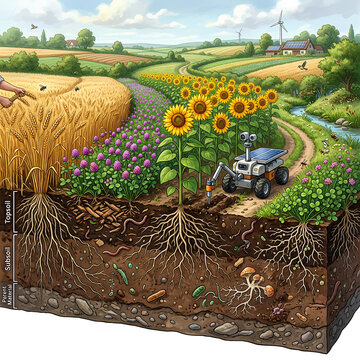 Cross section of farm field with sunflowers and robot.