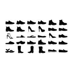 Fototapeta premium Comprehensive vector set of shoe silhouettes featuring footwear varieties from sneakers to high heels, footwear