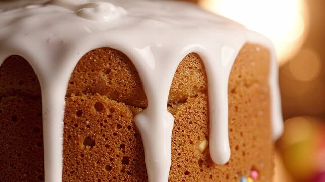 Close up of a golden bundt cake being finished with white icing and colorful sprinkles. Homemade dessert decoration for baking and celebration.