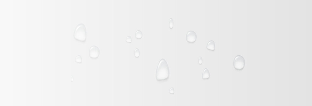 Realistic water drops on a transparent background, condensation on the surface with light reflection and shadow, vector, png, 3D effect.	
