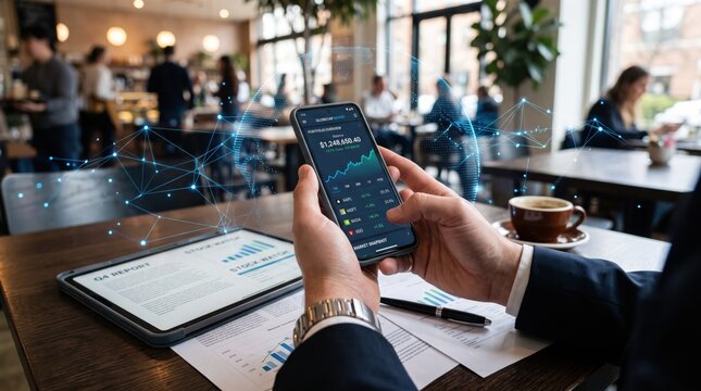 Businessman using smartphone for stock market trading and financial analysis in cafe, investment portfolio management, global economy network connection, forex currency exchange