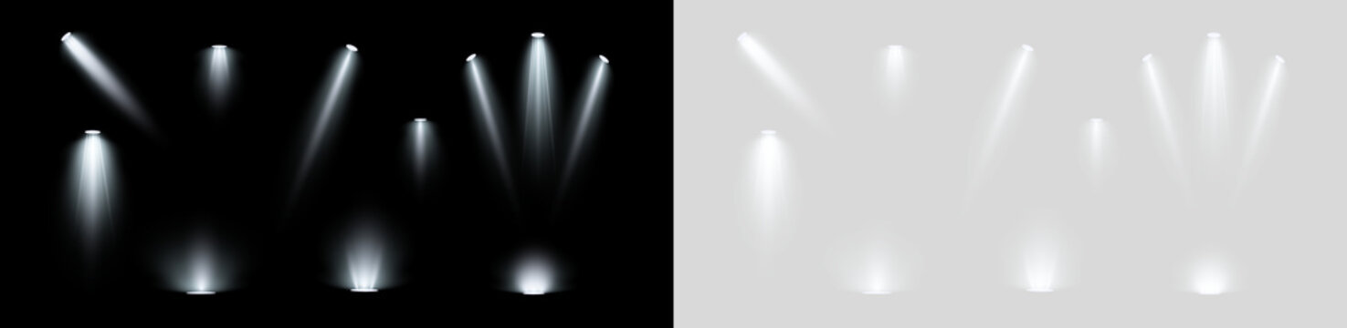 Spotlight, vector light set png, walls, studio light, different colors and shades of realistic light for design, advertising, banner, poster. Light rays and light effect	
