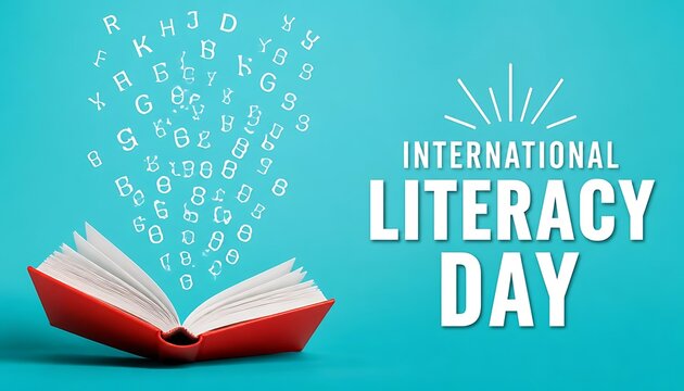 International literacy day concept with an open red book and floating letters on a blue background