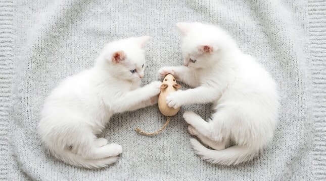 Two Cute White Kittens Playing with a Wooden Toy Mouse on a Knitted Blanket
