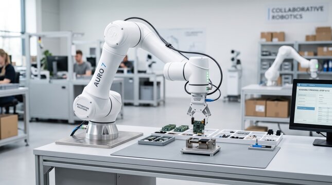 Collaborative robot arm assembling electronic circuit board, industrial automation and manufacturing technology concept