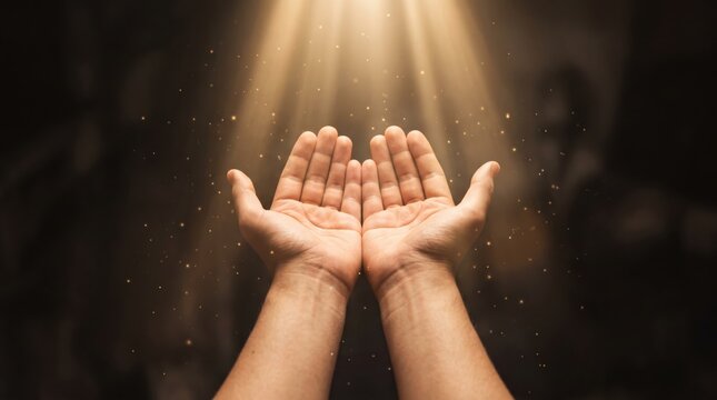 Open human hands receiving divine golden light rays from above, spiritual healing hope faith and religious blessing concept