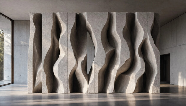 A large, freestanding room divider made of textured stone with vertical, undulating wave-like cutouts creating a sculptural partition