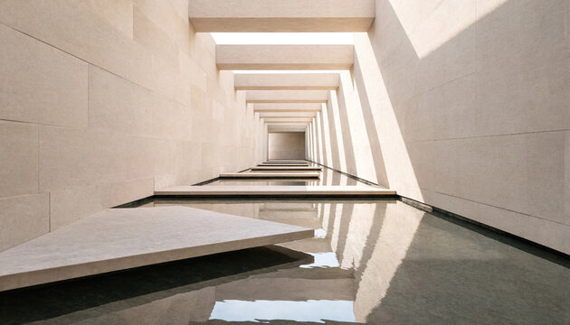 A minimalist corridor with light-colored stone walls, a long narrow water feature, and geometric stone platforms under a bright skylight