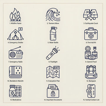 Flat icons set for disaster emergency preparedness kits.