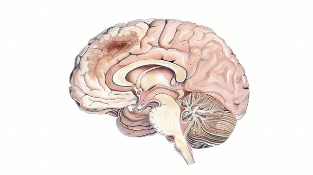 Brain cancer watercolor medical illustration, malignant brain tumor in cerebral hemisphere, human brain sagittal cross-section anatomy