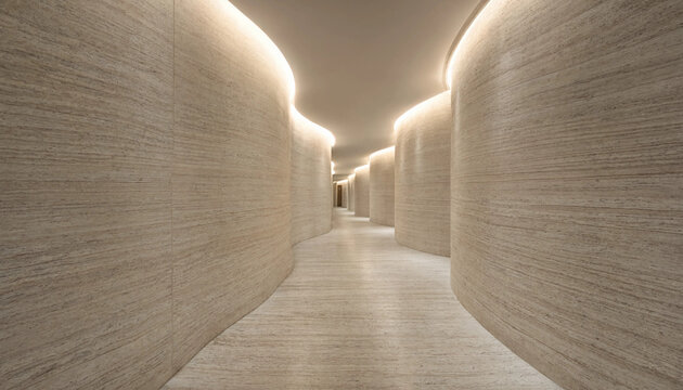 A long winding corridor with curved walls made of light beige textured stone and warm indirect lighting along the ceiling and floor lines