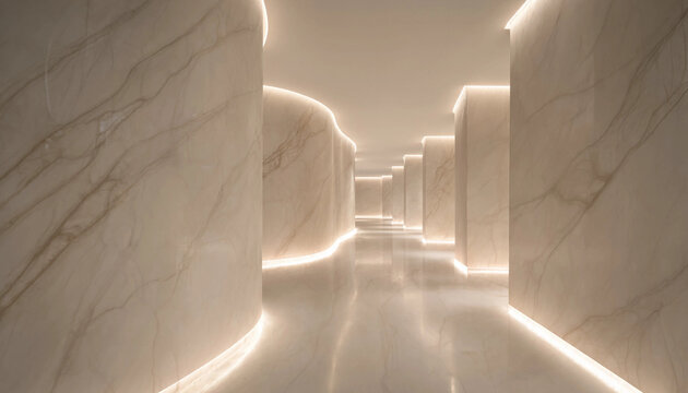 A long corridor with curved walls made of light beige marble and integrated floor lighting that creates a soft glow along the base of the walls