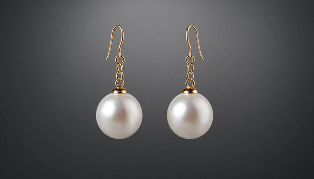 A pair of pearl drop earrings with gold hooks and chain links, isolated against a smooth, dark gray gradient background