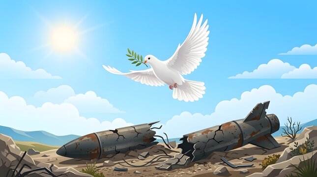 White eagle flying over rocky terrain with green foliage