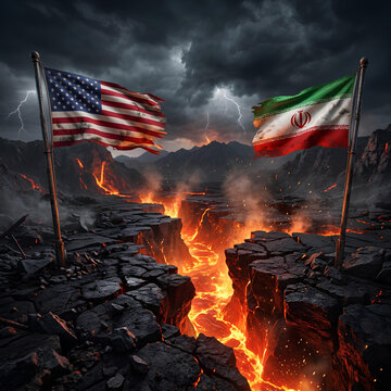USA and Iran flags over volcanic landscape with lava.