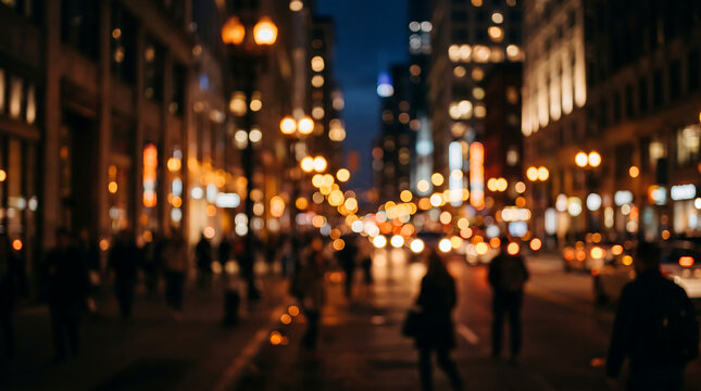 A blurred nighttime cityscape with warm lights evokes the bustling energy of a winter holiday season