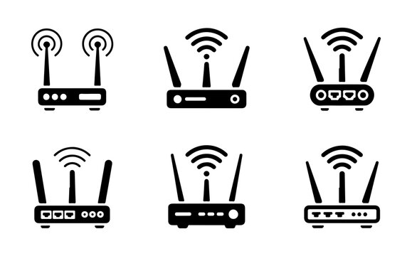 Professional black wireless router icons featuring port designs for advanced computer network infrastructure.