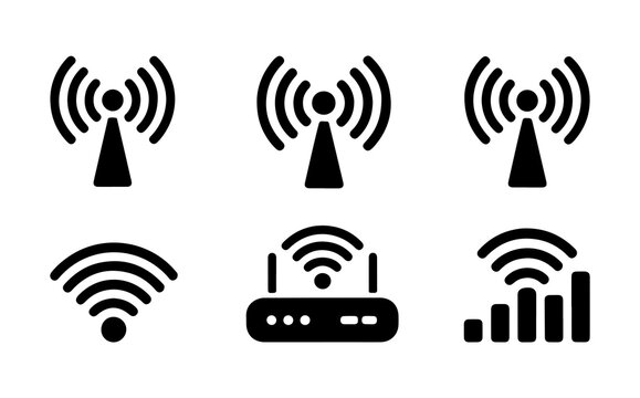 Collection of black network communication icons including signal towers and wireless internet router symbols.