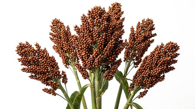 Ripe brown sorghum seed heads on stalks isolated on white background