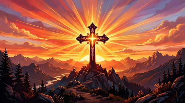 Sunrise over cross on mountain hilltop