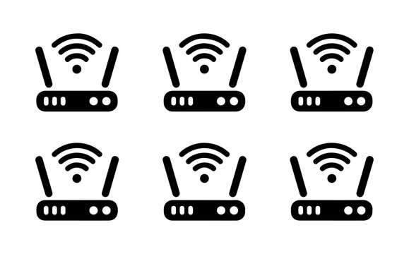 Black wireless internet router icon set with indicator lights for home and office network connection equipment.