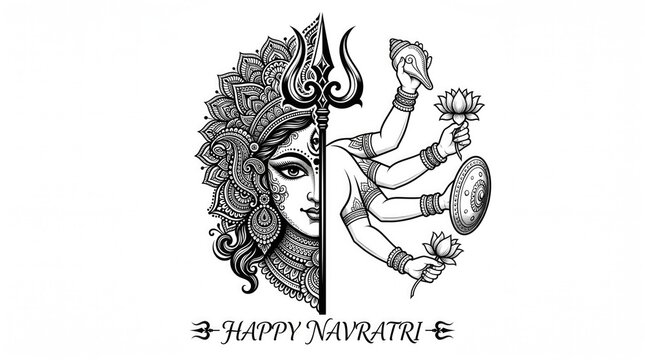Happy Navratri creative black and white vector illustration featuring half goddess face and trident contrast art design