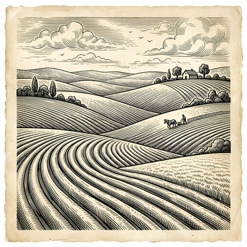 Woodcut style rolling farm landscape engraving.