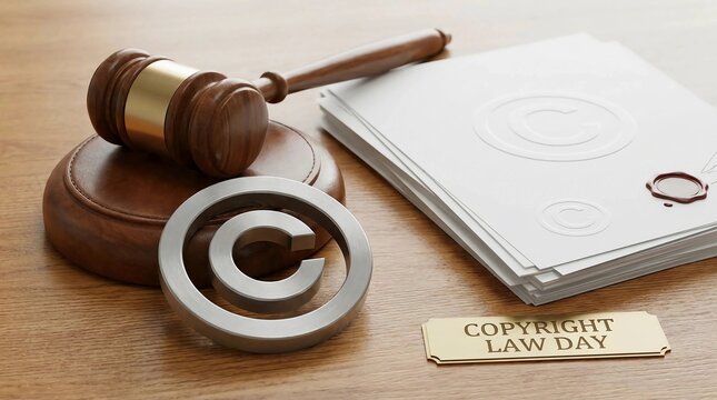 Copyright symbol with wooden judge gavel and legal documents on a desk