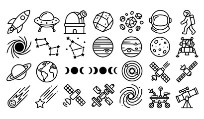 Space science and astronomy monoline icons with rocket UFO telescope astronaut planets and cosmic objects © MstBrishti