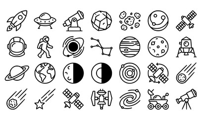 Modern astronomy and cosmic exploration icon pack with rocket UFO astronaut telescope planets and galaxy © MstBrishti