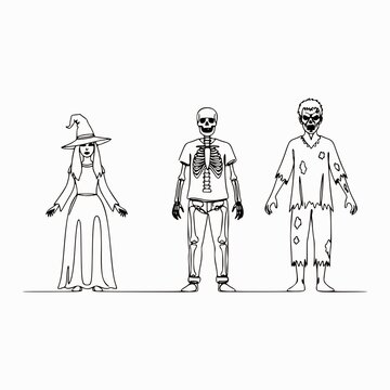 Continuous Line Drawing of Witch Skeleton and Zombie Halloween Trio