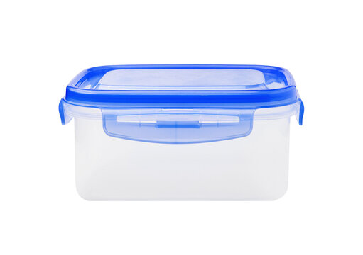 Rectangular plastic food container with blue lid for storage.