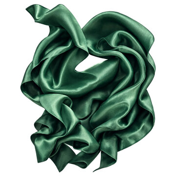 A flowing piece of emerald green silk fabric with soft folds and a glossy sheen, isolated on a solid black background, textile texture