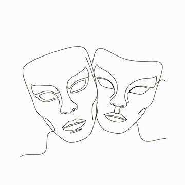 Continuous Line Drawing of Dual Theater Masks Faces