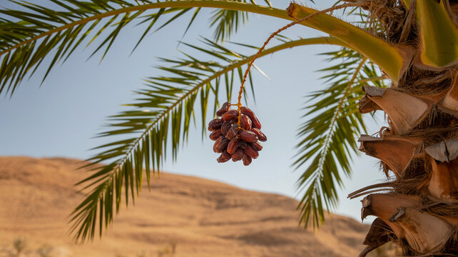 Photorealistic desert garden with ripe date palm fruit in golden sunlight