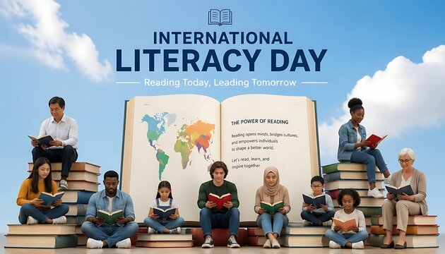 Happy international literacy day with diverse people reading books together for education and knowledge