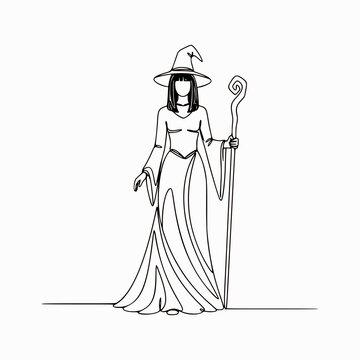 Continuous Line Drawing of Elegant Witch Woman Holding Staff