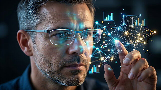 Professional Data Analyst Interacting with Futuristic Holographic Network Visualization Interface