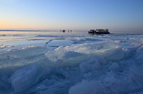 Hovercraft on Lake Baikal in winter. Olkhon Gate Strait