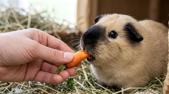 Adorable domestic guinea pig eating orange carrot from hand