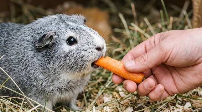 Pet owner gives crunchy orange carrot to guinea pig