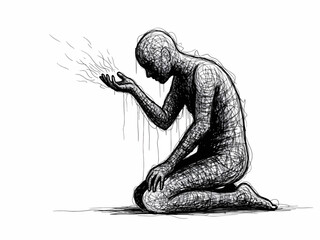 Fototapeta premium A sketch of a kneeling figure with a textured body reaching out with an open hand.