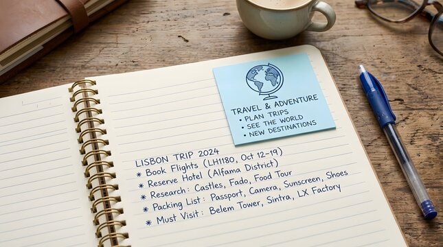 Travel planner notebook with lisbon trip details