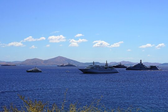 Many superyachts, near the coast of Vouliagmeni, in Athens, Greece