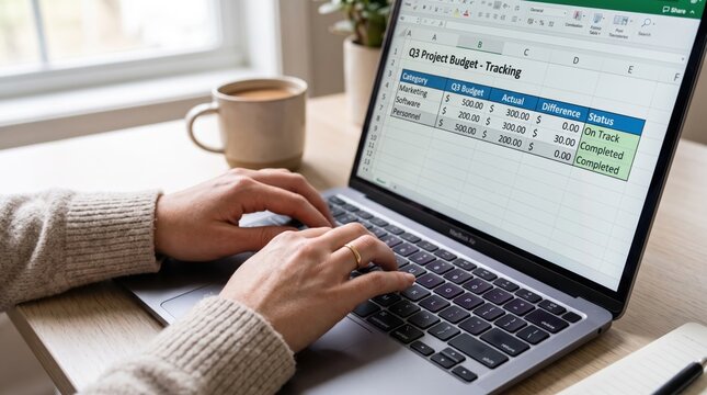 Business professional working on Q3 project budget tracking spreadsheet, analyzing financial data and expenses in office environment