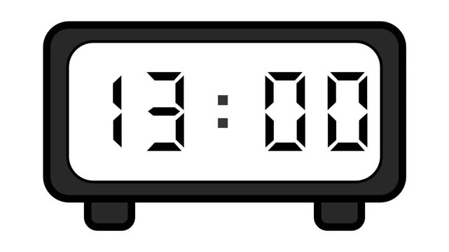video of a basic and simple black digital clock on a white background showing the time 13:00