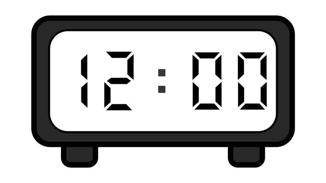video of a basic and simple black digital clock on a white background showing the time 12:00