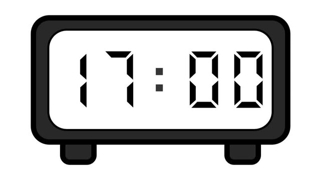 video of a basic and simple black digital clock on a white background showing the time 17:00