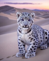 Fototapeta premium A snow leopard cub ai-generated, fantasy animal, in cosmic twilight dunes